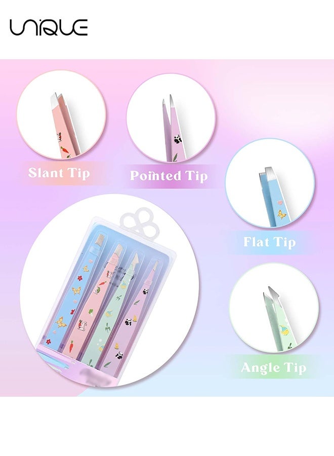 Unique 4 Pcs Tweezers for Eyebrows and Pointed Eyebrow Tweezer Set - High Precision Stainless Steel Eyebrow Tweezers for Facial Hair, Eyebrow Grooming, Ingrown Hair Splinter Removal Suitable for Women and Men Remover, Colorful - Image 4